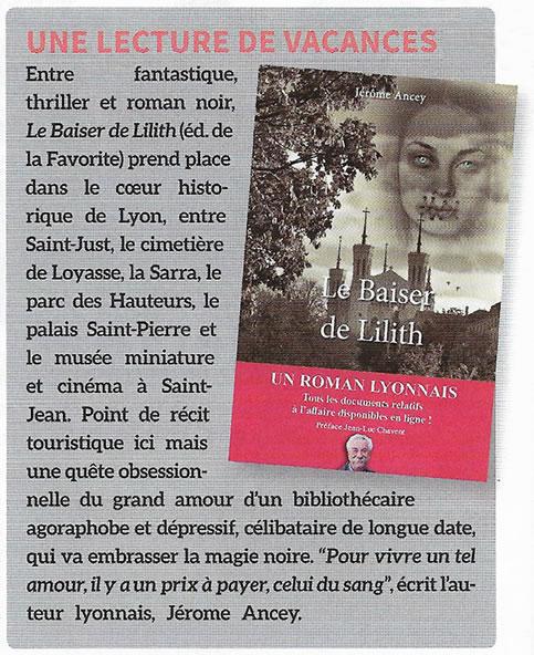 Article sur le Baiser de Lilith dans le magazine Nouveau Lyon d'août 2019